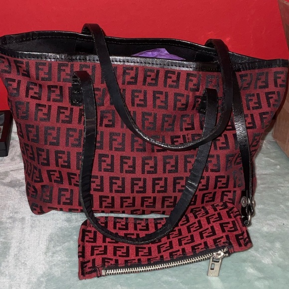 Fendi Handbags - Fendi Red and Black Logo Canvas Tote with Matching Pouch 12X8 inch